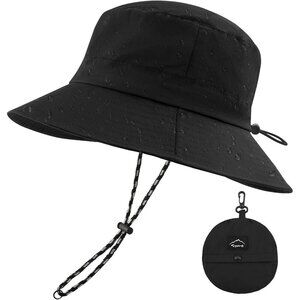 Unisex Black 100% Nylon Waterproof Wide Brim Mesh Vent Chin Strap Bucket Hat